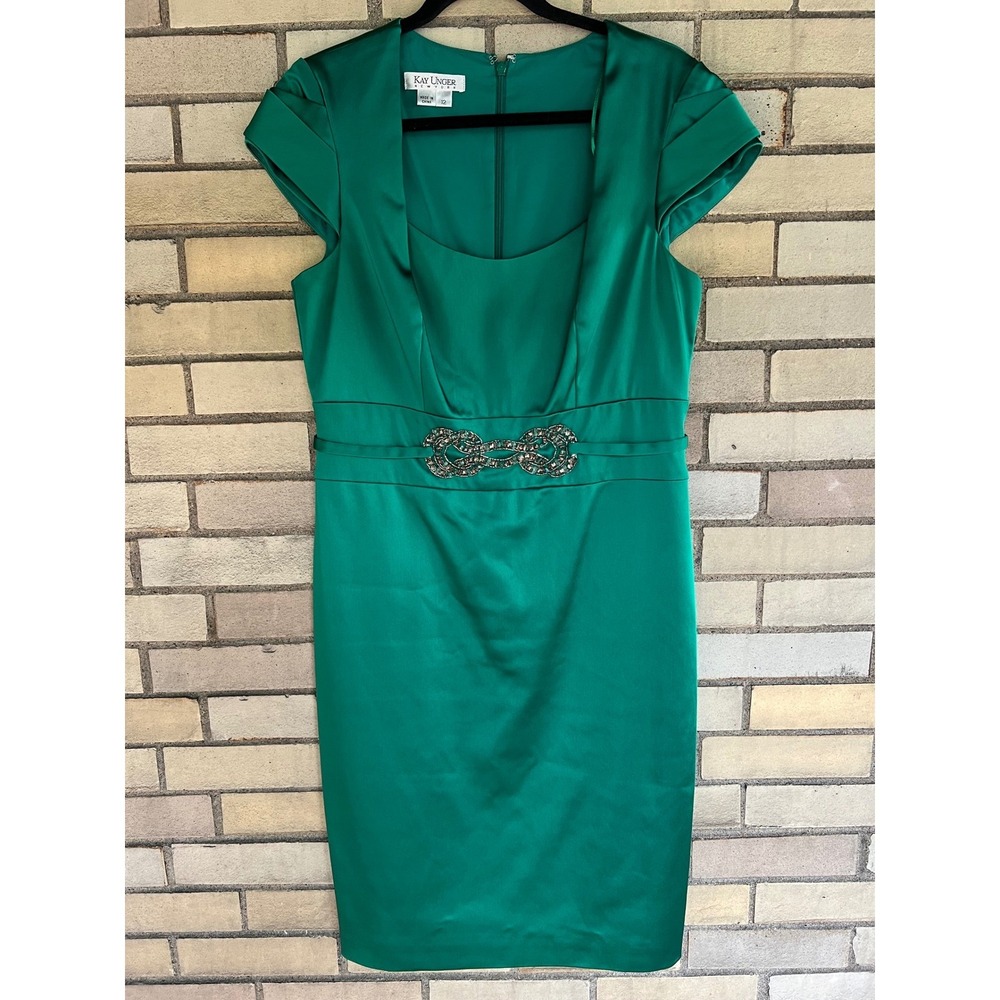 Kay Unger Emerald Green Satin Beaded Sheath Dress Size 12 Cocktail Embellished